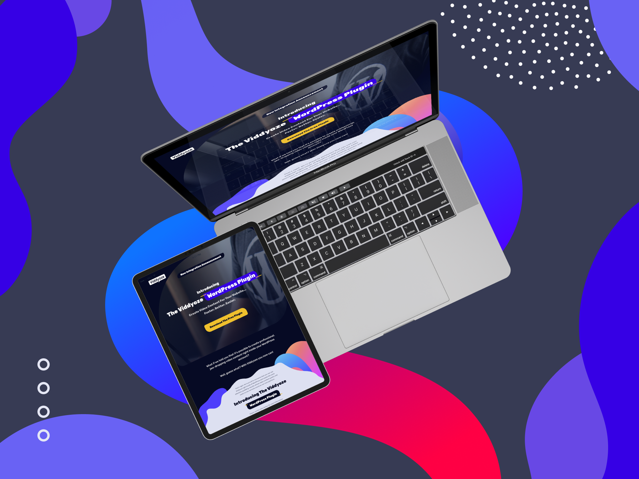 Image showcasing the Viddyoze WordPress Plugin landing page on a laptop and a tablet.