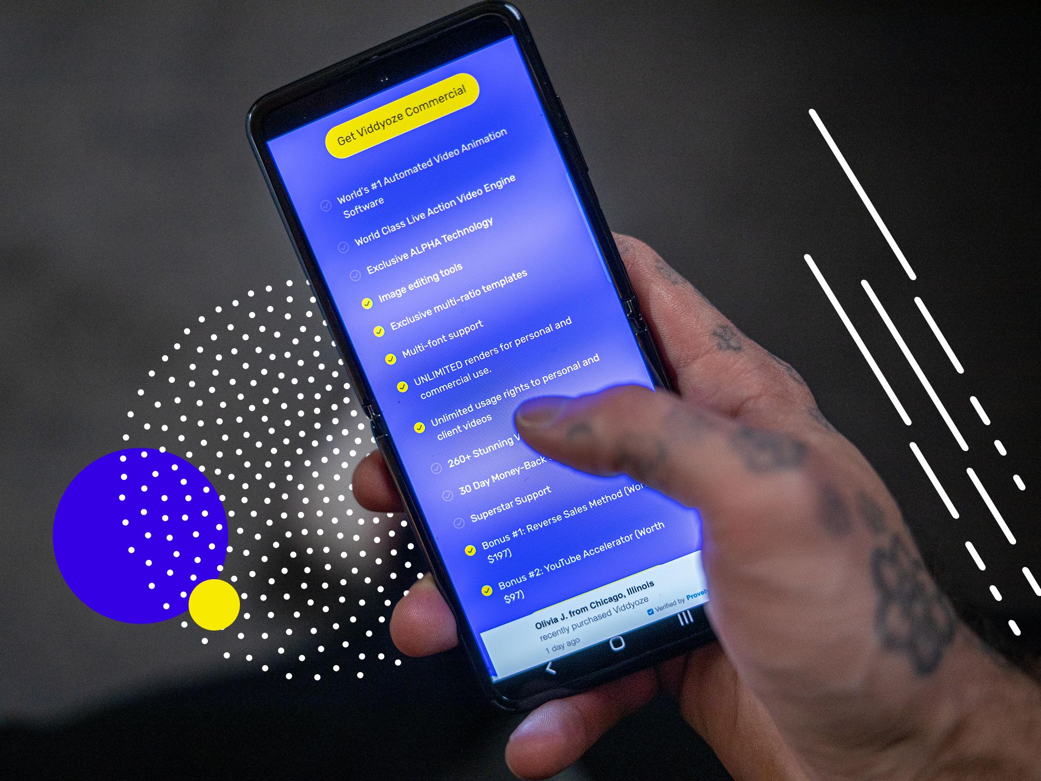A smartphone with a benefits of software listed on screen – being used for an article on how to get followers to leap into action on social media.