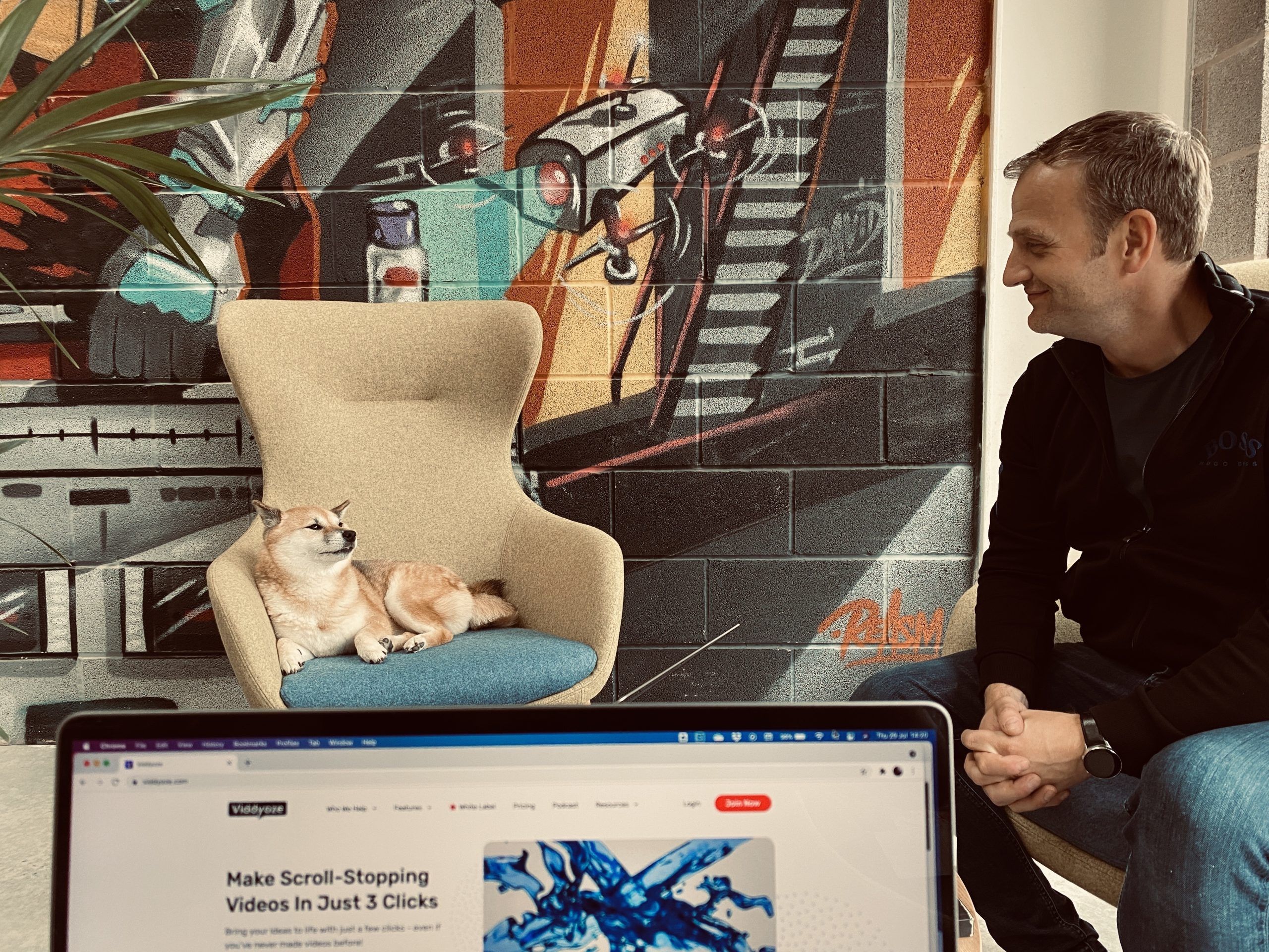 Man looking at a dog on chair – image being used to support an article on a webinar special